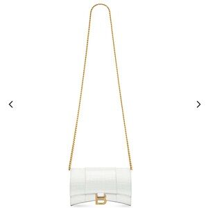BALENCIAGA HOURGLASS WALLET ON CHAIN CROCODILE SHINY EMBOSSED IN WHITE